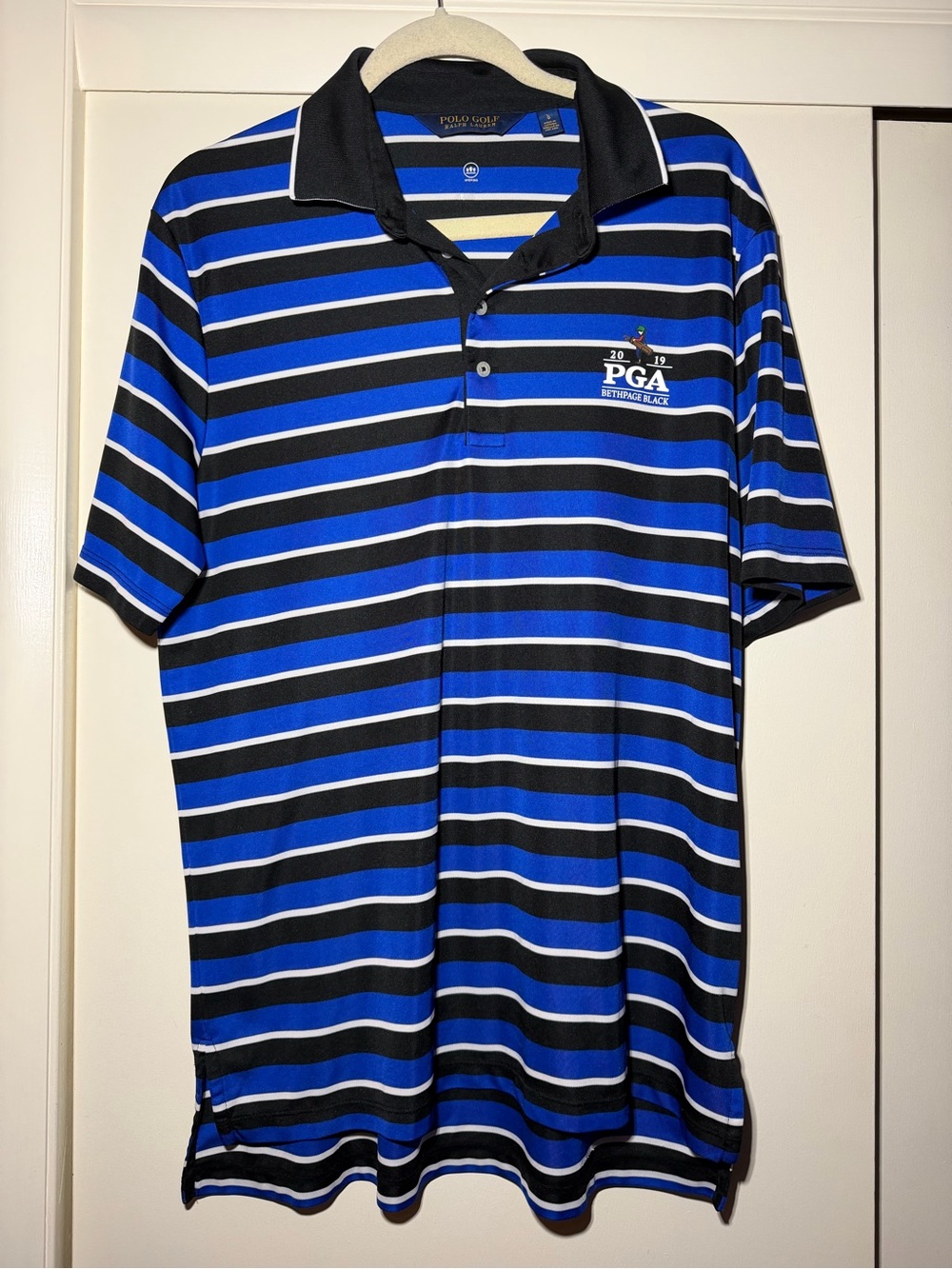 Men's Polo Golf Ralph Lauren Blue & Black Striped Golf Polo size large 2019 PGA